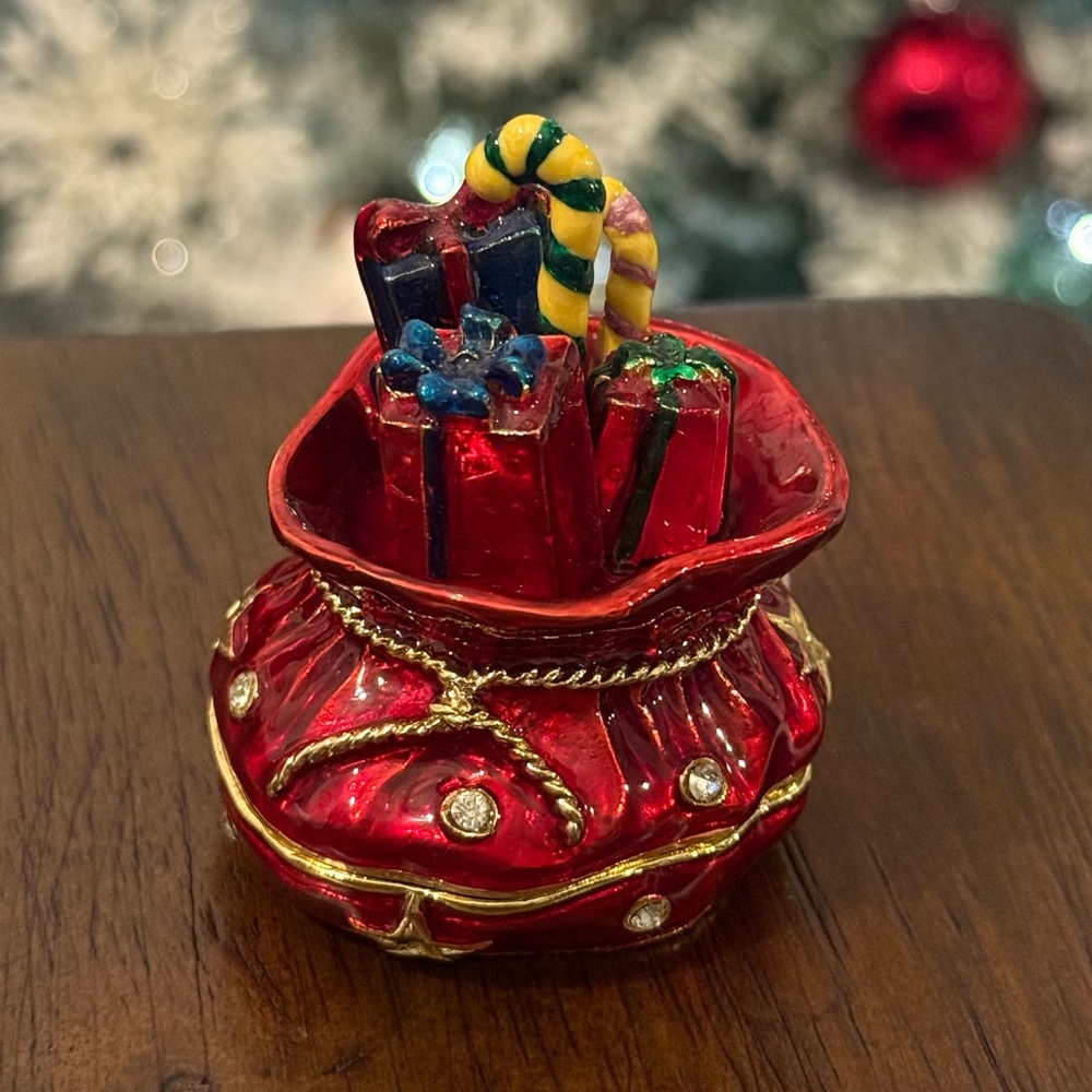 Zanzibar Enamel Christmas Santa’s Bag with Gifts Trinket Box